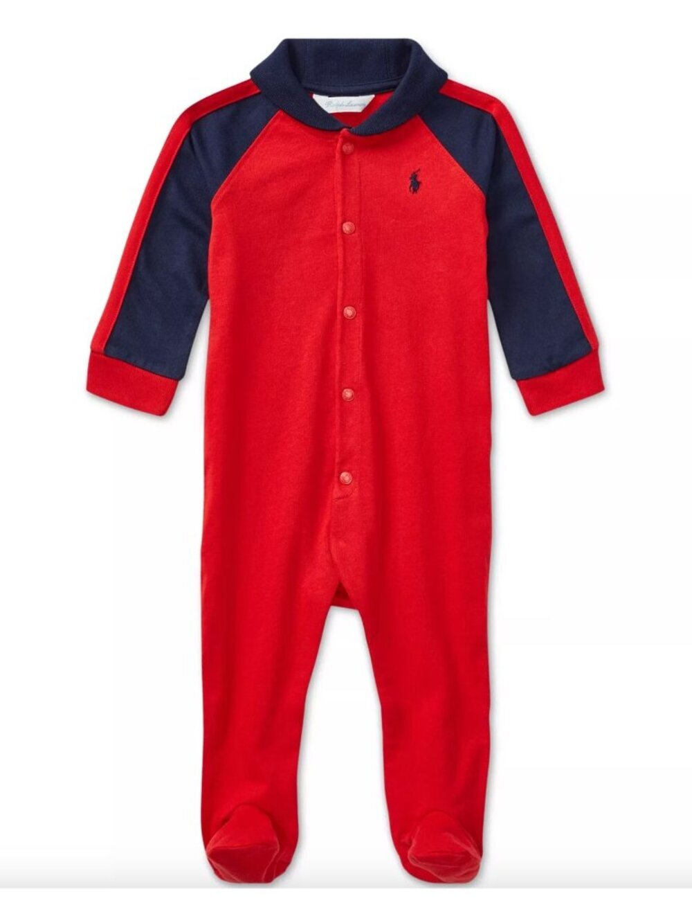 Ralph Lauren Baby Boys Shawl-Collar Cotton Coverall Red Blue Newborn Classic